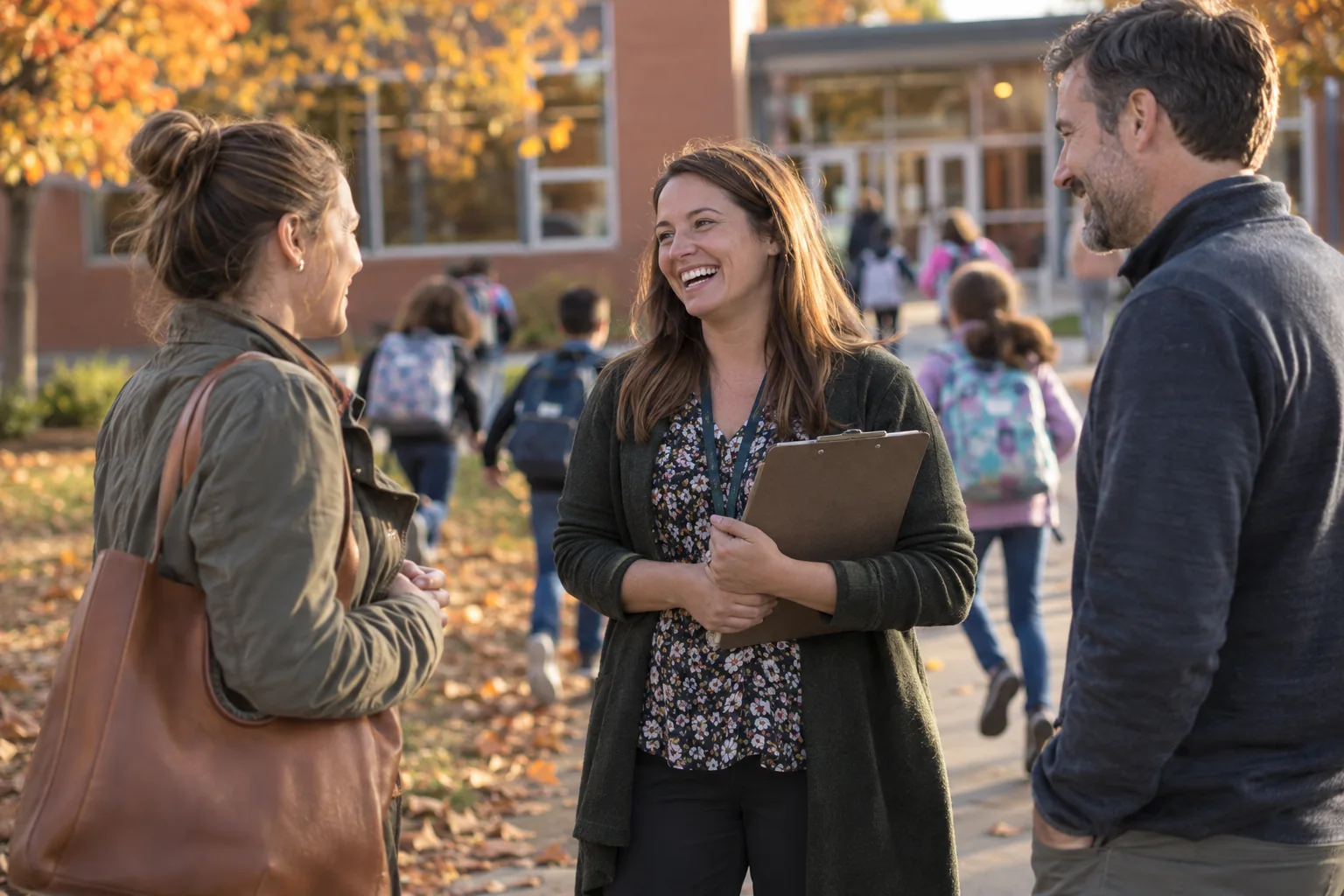 Teacher with a clipboard asking two parents for fundraiser feedback at school pickup