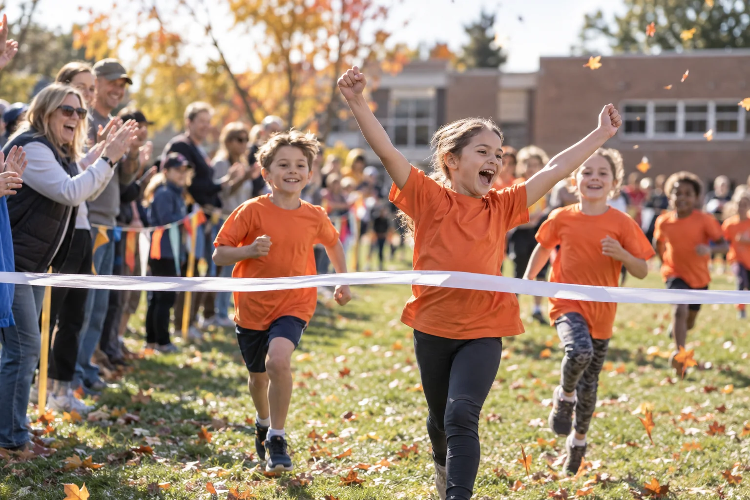 Elementary students crossing the finish line at a school fun run fundraiser