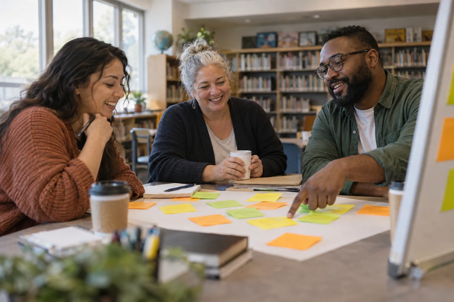 Three school volunteers planning next semester's fundraiser with sticky notes in the library