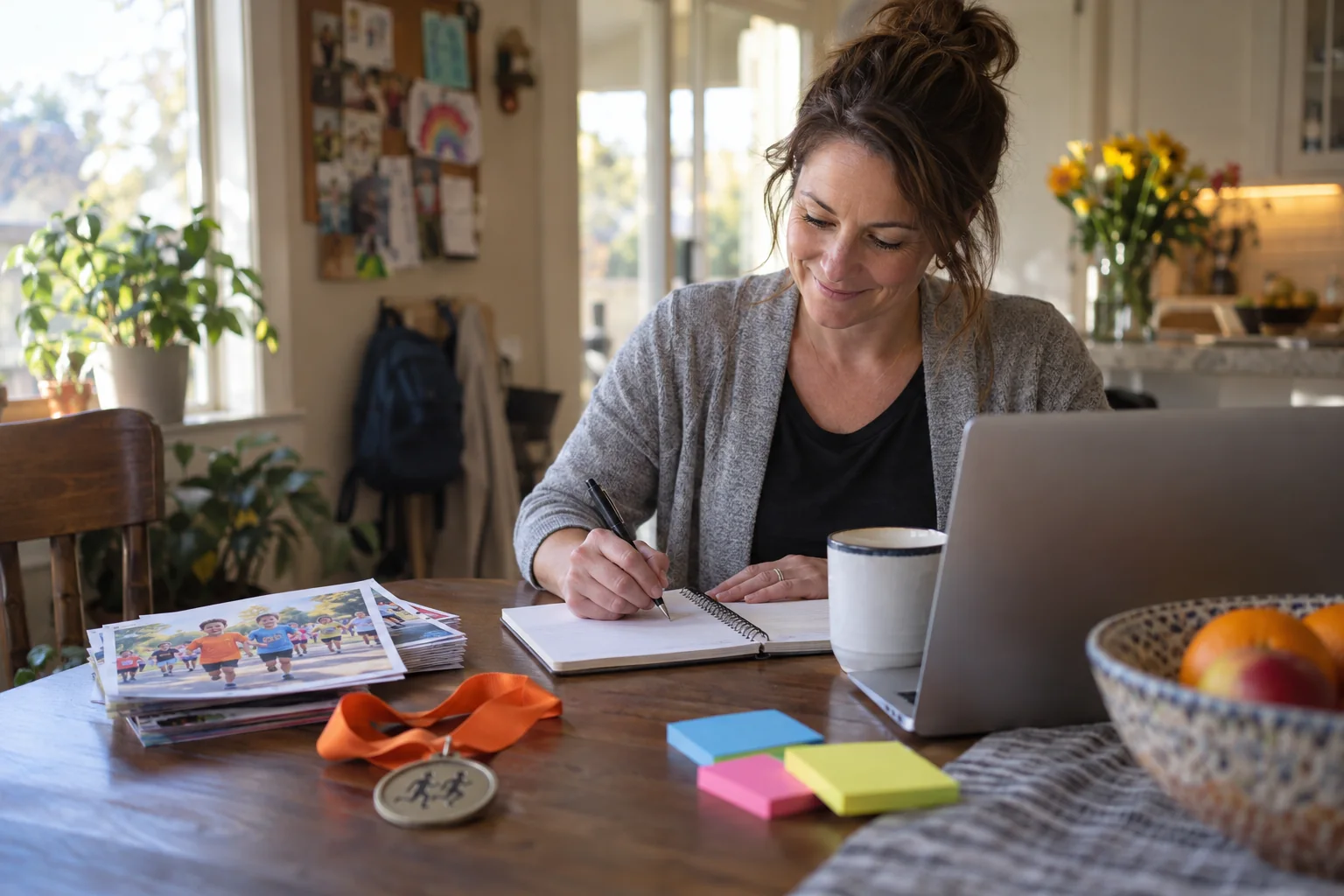 School fundraiser volunteer writing a recap in a notebook at her kitchen table after a fun run